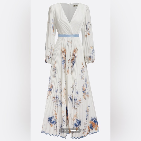 NWT Fehaute White Pleated Chiffon V Neck Long Sleeve A-Line Maxi Dress Sz 10 - Picture 4 of 13